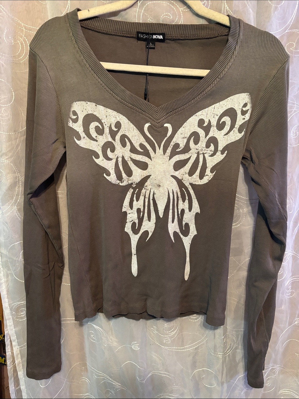 Fashion Nova Brown Long-Sleeve Ribbed Top with White Butterfly Graphic
